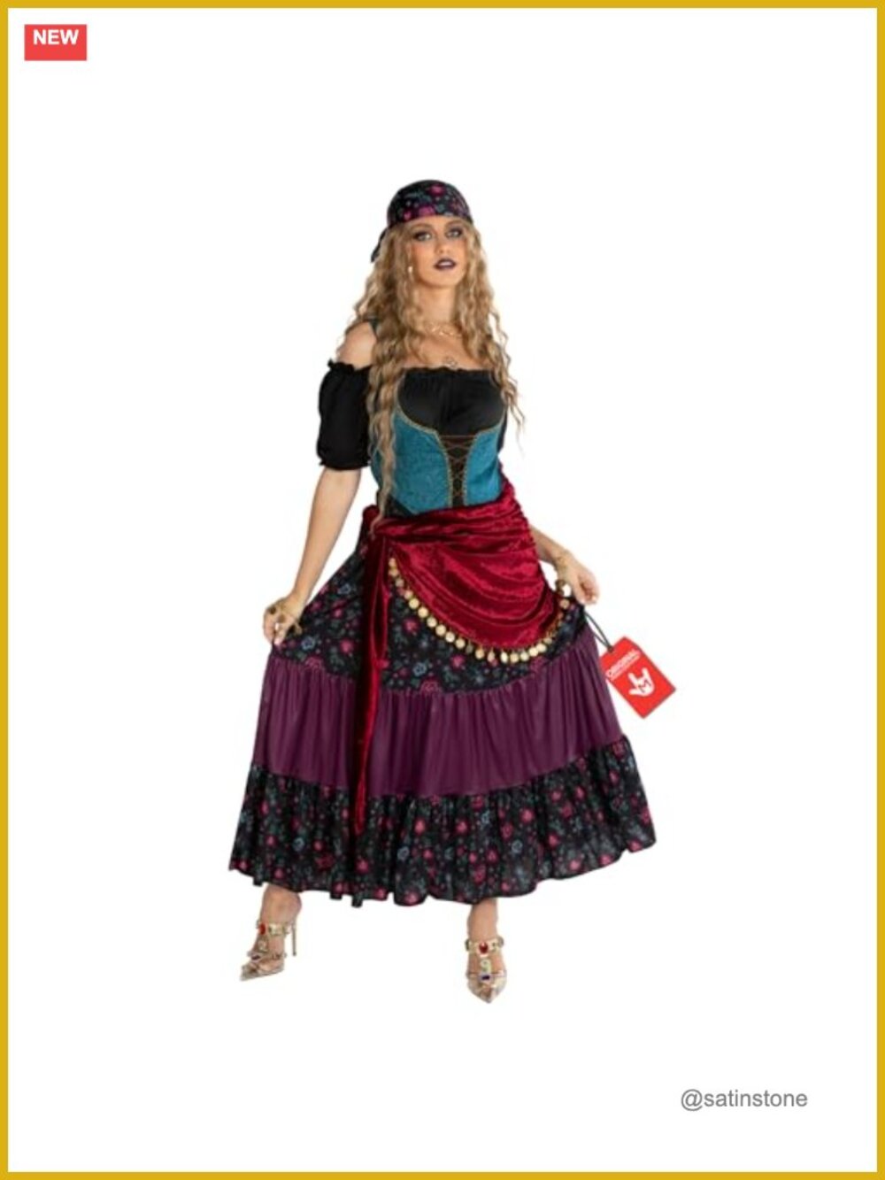Fortune Teller Costume Long Layered Dress Coin Wrap Headpiece Tarot Cards